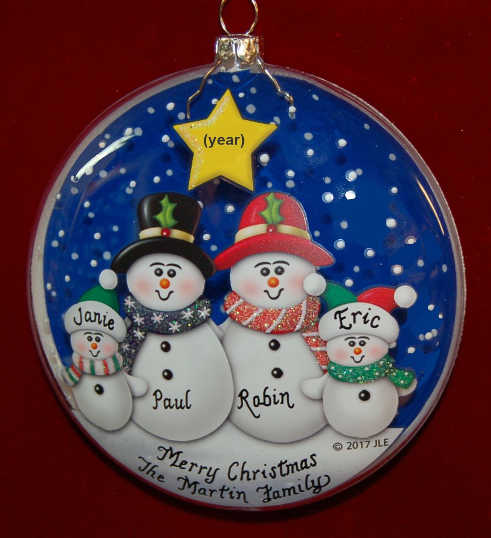 Snow Delightful Family of 4 Glass Christmas Ornament Personalized FREE at PersonalizedOrnamentsMarket.com by Russell Rhodes