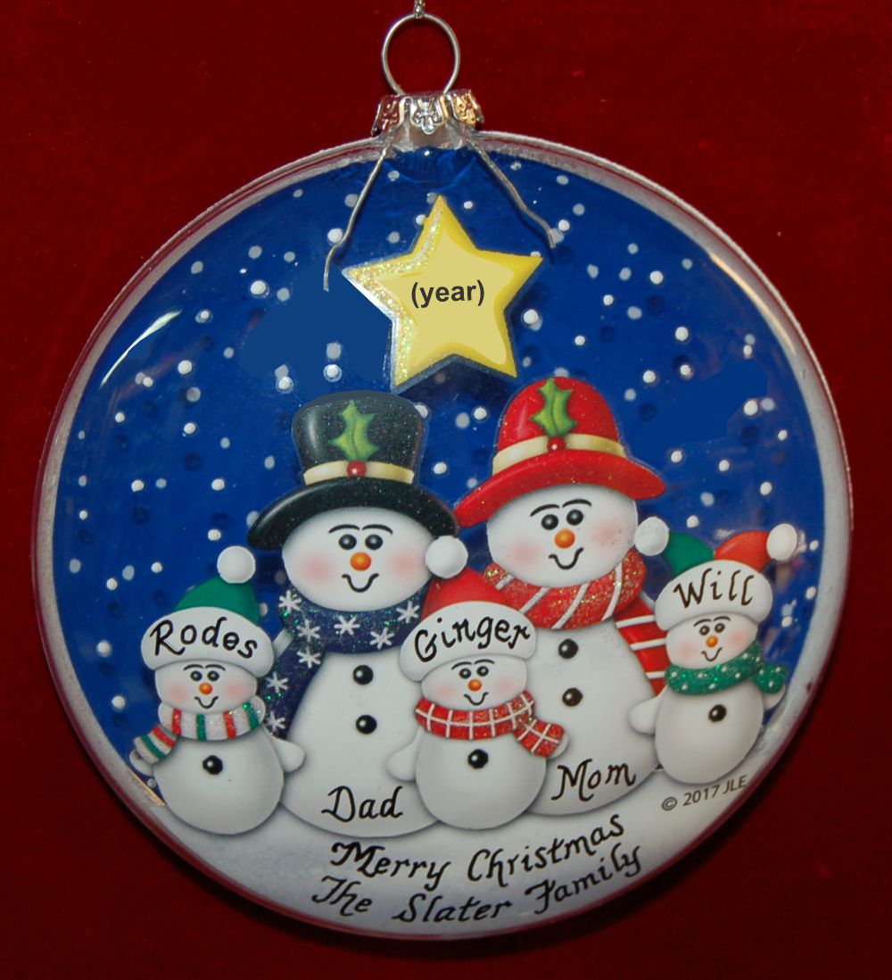 Snow Delightful Family of 5 Glass Christmas Ornament Personalized FREE at PersonalizedOrnamentsMarket.com by Russell Rhodes