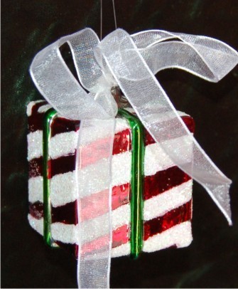 Elegant Package Candy Cane Stripes Glass Christmas Ornament Personalized FREE at PersonalizedOrnamentsMarket.com by Russell Rhodes