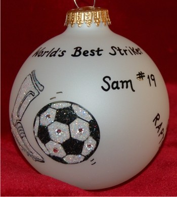 Our Soccer Star Christmas Ornament Personalized FREE at PersonalizedOrnamentsMarket.com by Russell Rhodes