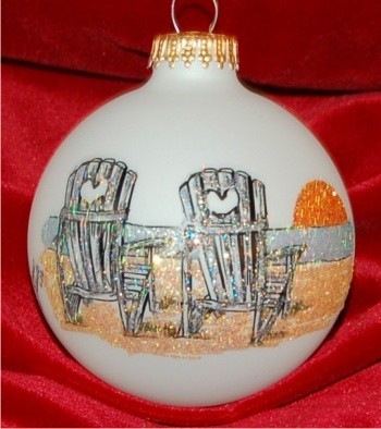 Honeymoon Chairs in the Sand Glass Personalized Christmas Ornament Personalized FREE at PersonalizedOrnamentsMarket.com by Russell Rhodes