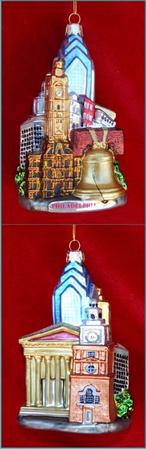 Cheese Steak Fame: Phildelphia Cityscape Christmas Ornament Personalized FREE at PersonalizedOrnamentsMarket.com by Russell Rhodes