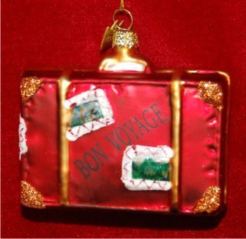 Bon Voyage Suitcase Glass Christmas Ornament Personalized FREE at PersonalizedOrnamentsMarket.com by Russell Rhodes