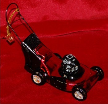 Red Lawnmower Glass Christmas Ornament Personalized FREE at PersonalizedOrnamentsMarket.com by Russell Rhodes