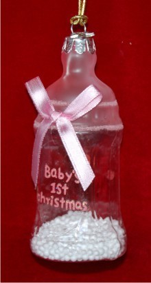 Baby Bottle Delights Pink Glass Christmas Ornament Personalized FREE at PersonalizedOrnamentsMarket.com by Russell Rhodes