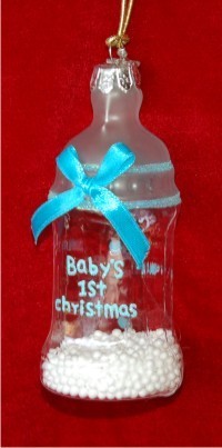 Baby Bottle Delights Blue Glass Christmas Ornament Personalized FREE at PersonalizedOrnamentsMarket.com by Russell Rhodes