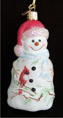 Glistening Snowman with Christmas Cardinal Glass Christmas Ornament Personalized FREE at PersonalizedOrnamentsMarket.com by Russell Rhodes