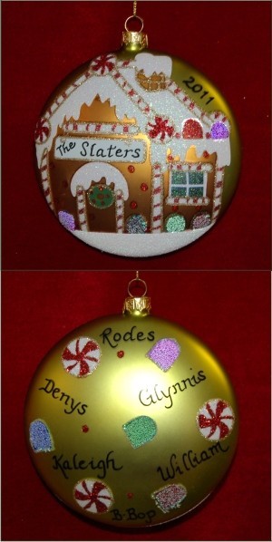 Family Gingerbread House Glass Christmas Ornament Personalized FREE at PersonalizedOrnamentsMarket.com by Russell Rhodes