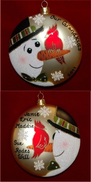 Christmas Cardinal & The Snowman Family Christmas Ornament Personalized FREE at PersonalizedOrnamentsMarket.com by Russell Rhodes