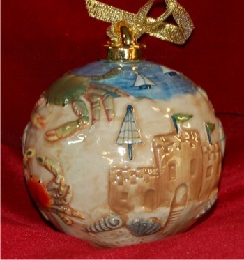 Sand Castle Beach Vacation Porcelain Hand Painted Ball Personalized FREE at PersonalizedOrnamentsMarket.com by Russell Rhodes