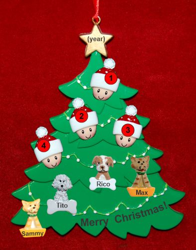 Family Christmas Tree Ornament for 4 with 4 Dogs, Cats, Pets Custom Add-ons Personalized by RussellRhodes.com