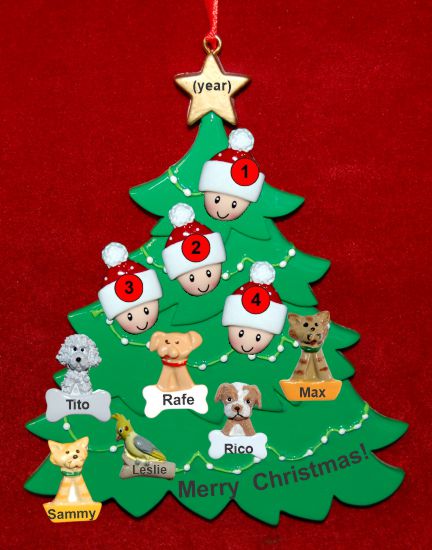 Family Christmas Tree Ornament for 4 with 6 Dogs, Cats, Pets Custom Add-ons Personalized by RussellRhodes.com