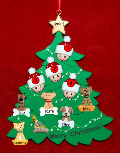 Single Mom Christmas Tree Ornament with 3 Kids and 6 Dogs, Cats, Pets Custom Add-ons Personalized FREE at PersonalizedOrnamentsMarket.com by Russell Rhodes