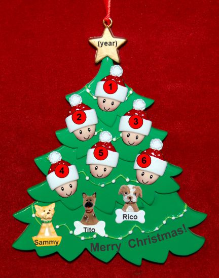 Family Christmas Tree Ornament for 6 with 3 Dogs, Cats, Pets Custom Add-ons Personalized by RussellRhodes.com