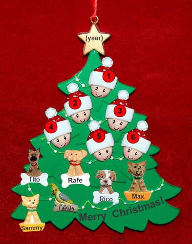 Grandparents Christmas Tree Ornament 6 Grandkids with 6 Dogs, Cats, Pets Custom Add-ons Personalized FREE at PersonalizedOrnamentsMarket.com by Russell Rhodes