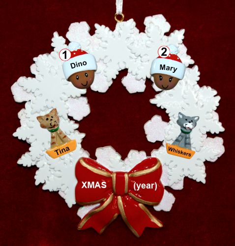 African American Grandparents Christmas Ornament Celebration Wreath Red Bow 2 Grandkids 2 Dogs, Cats, Pets Custom Add-ons Personalized by RussellRhodes.com