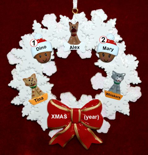 African American Grandparents Christmas Ornament Celebration Wreath Red Bow 2 Grandkids 3 Dogs, Cats, Pets Custom Add-ons Personalized by RussellRhodes.com