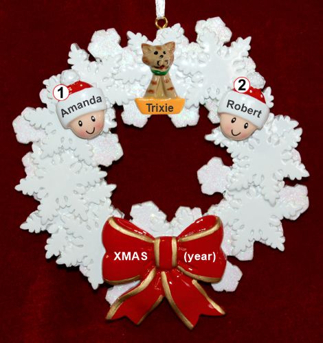 Couples Christmas Ornament Celebration Wreath Red Bow & 1 Dog, Cat, Pets Custom Add-on Personalized by RussellRhodes.com