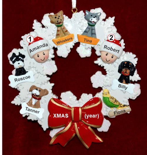 Couples Christmas Ornament Celebration Wreath Red Bow & 6 Dogs, Cats, Pets Custom Add-ons Personalized by RussellRhodes.com