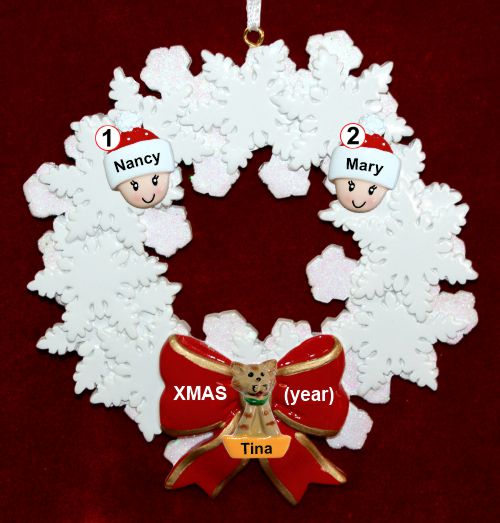 Lesbian Couple Christmas Ornament Celebration Wreath Red Bow 1 Dog, Cat, or Other Pet Personalized FREE at PersonalizedOrnamentsMarket.com by Russell Rhodes