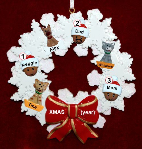 African American Black Family Christmas Ornament for 3 Celebration Wreath Red Bow 3 Dogs, Cats, Pets Custom Add-ons Personalized by RussellRhodes.com