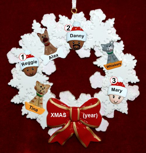 Grandparents Christmas Ornament Celebration Wreath Red Bow 3 Mixed Race Grandkids Personalized by RussellRhodes.com