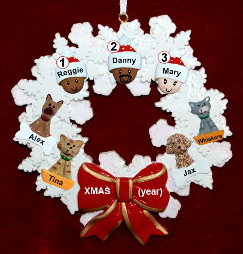 Grandparents Christmas Ornament Celebration Wreath Red Bow 3 Mixed Race Grandkids Personalized by RussellRhodes.com