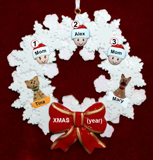 Lesbian Couple Christmas Ornament 1 Child Celebration Wreath Red Bow 2 Dogs, Cats, Pets Custom Add-ons Personalized FREE at PersonalizedOrnamentsMarket.com by Russell Rhodes