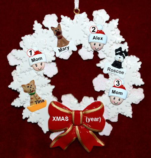 Lesbian Couple Christmas Ornament 1 Child Celebration Wreath Red Bow 3 Dogs, Cats, Pets Custom Add-ons Personalized FREE at PersonalizedOrnamentsMarket.com by Russell Rhodes