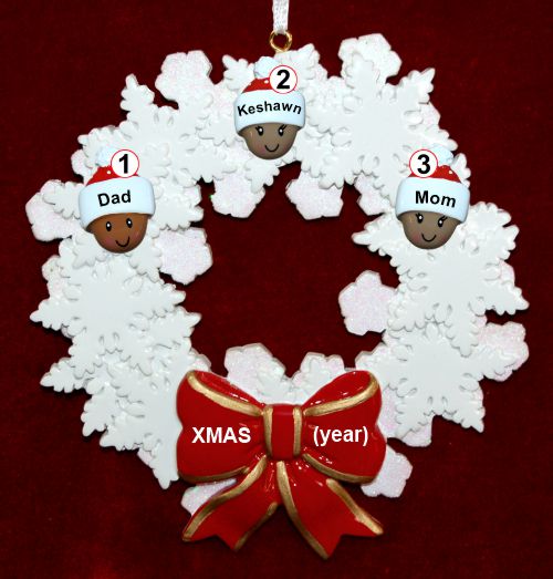 Mixed Race Family of 3 Christmas Ornament Celebration Wreath Red Bow Personalized by RussellRhodes.com