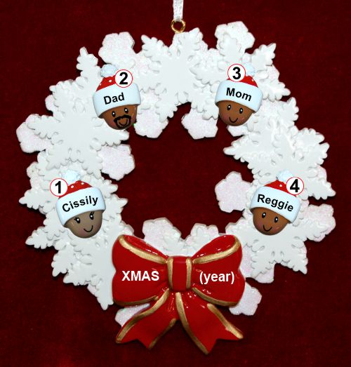 African American Black Family of 4 Christmas Ornament Celebration Wreath Red Bow Personalized by RussellRhodes.com