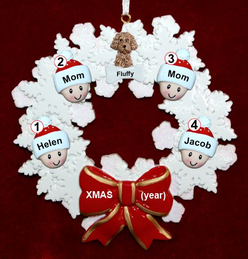 Lesbian Family Christmas Ornament 2 Children Celebration Wreath Red Bow 1 Dog, Cat, or Other Pet Personalized FREE at PersonalizedOrnamentsMarket.com by Russell Rhodes