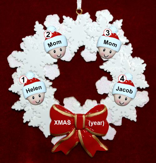 Lesbian Family Christmas Ornament 2 Children Celebration Wreath Red Bow Personalized FREE at PersonalizedOrnamentsMarket.com by Russell Rhodes