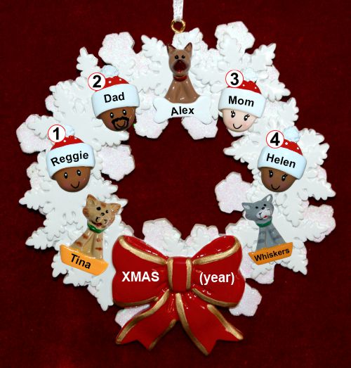 Mixed Race Family  Christmas Ornament for 4 Celebration Wreath Red Bow 3 Dogs, Cats, Pets Custom Add-ons Personalized by RussellRhodes.com