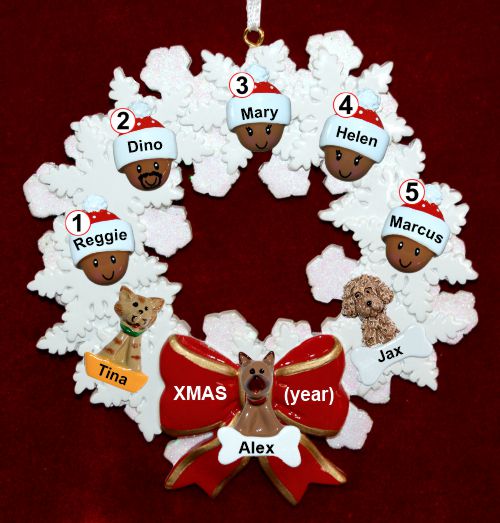 African American Grandparents Christmas Ornament Celebration Wreath Red Bow 5 Grandkids Personalized by RussellRhodes.com