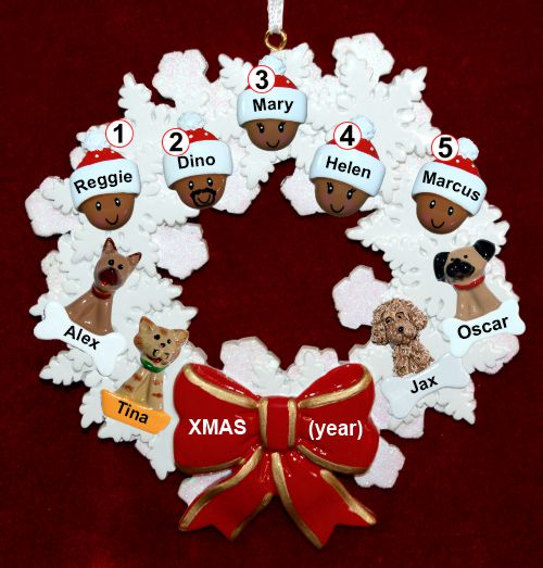 African American Grandparents Christmas Ornament 5 Grandkids Celebration Wreath Red Ornament Personalized FREE at PersonalizedOrnamentsMarket.com by Russell Rhodes