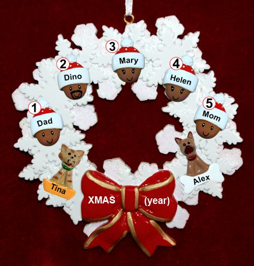 African American Black Family of 5 Christmas Ornament Celebration Wreath Red Bow Personalized by RussellRhodes.com