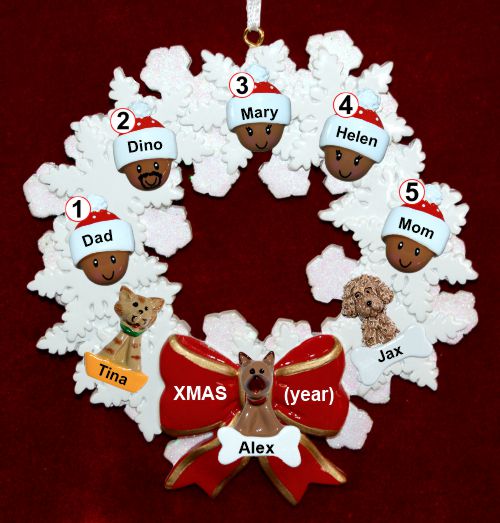 African American Black Family of 5 Christmas Ornament Celebration Wreath Red Bow Personalized by RussellRhodes.com