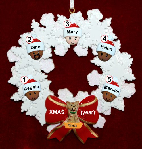 Grandparents Christmas Ornament Celebration Wreath Red Bow 5 Mixed Race Grandkids Personalized by RussellRhodes.com