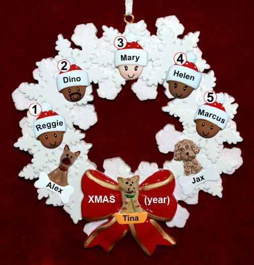 Grandparents Christmas Ornament Celebration Wreath Red Bow 5 Mixed Race Grandkids Personalized by RussellRhodes.com