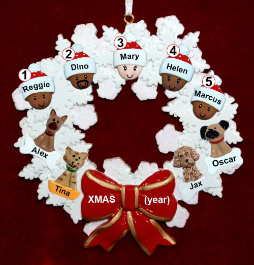 Grandparents Christmas Ornament Celebration Wreath Red Bow 5 Mixed Race Grandkids Personalized by RussellRhodes.com