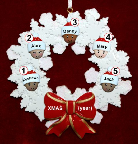 Grandparents Christmas Ornament Celebration Wreath Red Bow 5 Mixed Race Grandkids Personalized by RussellRhodes.com