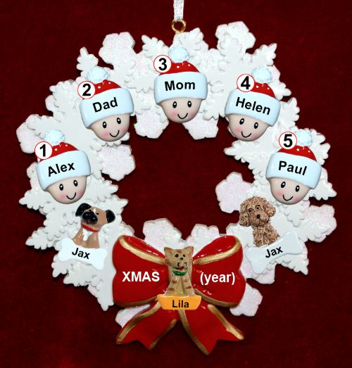 Family Christmas Ornament Celebration Wreath Red Bow for 5 Personalized by RussellRhodes.com