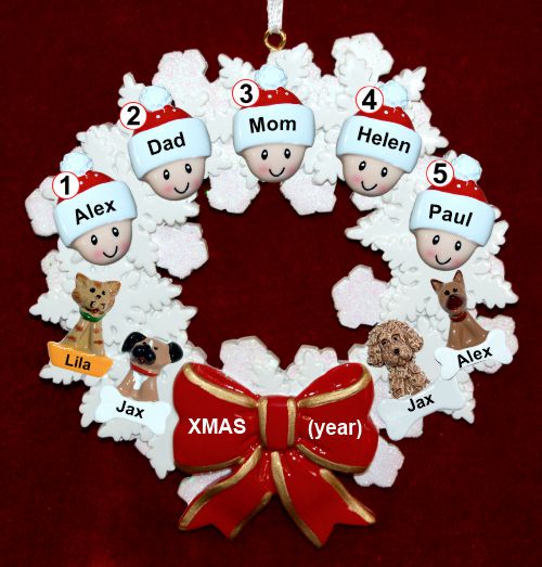 Family Christmas Ornament Celebration Wreath Red Bow for 5 Personalized by RussellRhodes.com