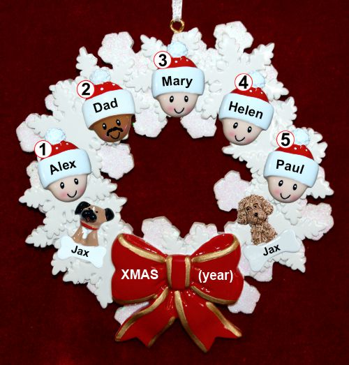 Mixed Race Family of 5 Christmas Ornament Celebration Wreath Red Bow Personalized by RussellRhodes.com