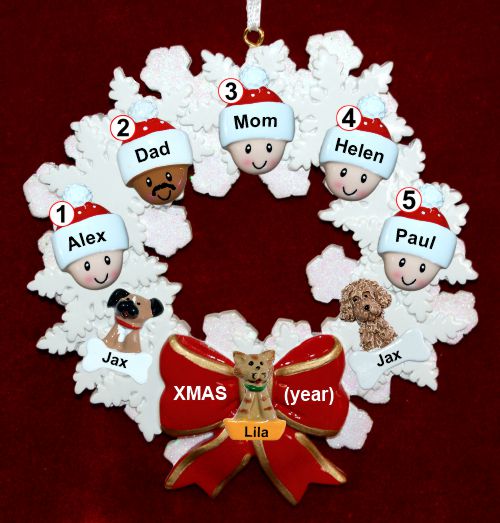 Mixed Race Family of 5 Christmas Ornament Celebration Wreath Red Bow Personalized by RussellRhodes.com