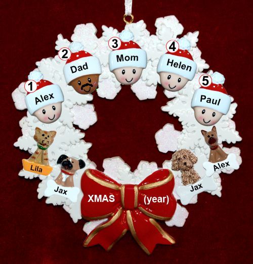 Mixed Race Family of 5 Christmas Ornament Celebration Wreath Red Bow Personalized by RussellRhodes.com