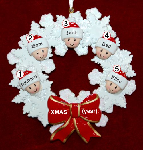 Family Christmas Ornament Celebration Wreath Red Bow for 5 Personalized by RussellRhodes.com