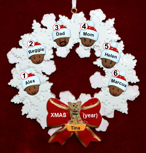 African American Black Family of 6 Christmas Ornament Celebration Wreath Red Bow Personalized by RussellRhodes.com