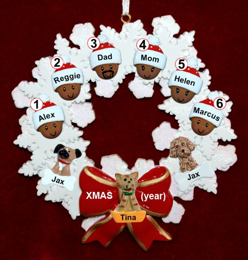 African American Black Family of 6 Christmas Ornament Celebration Wreath Red Bow Personalized by RussellRhodes.com